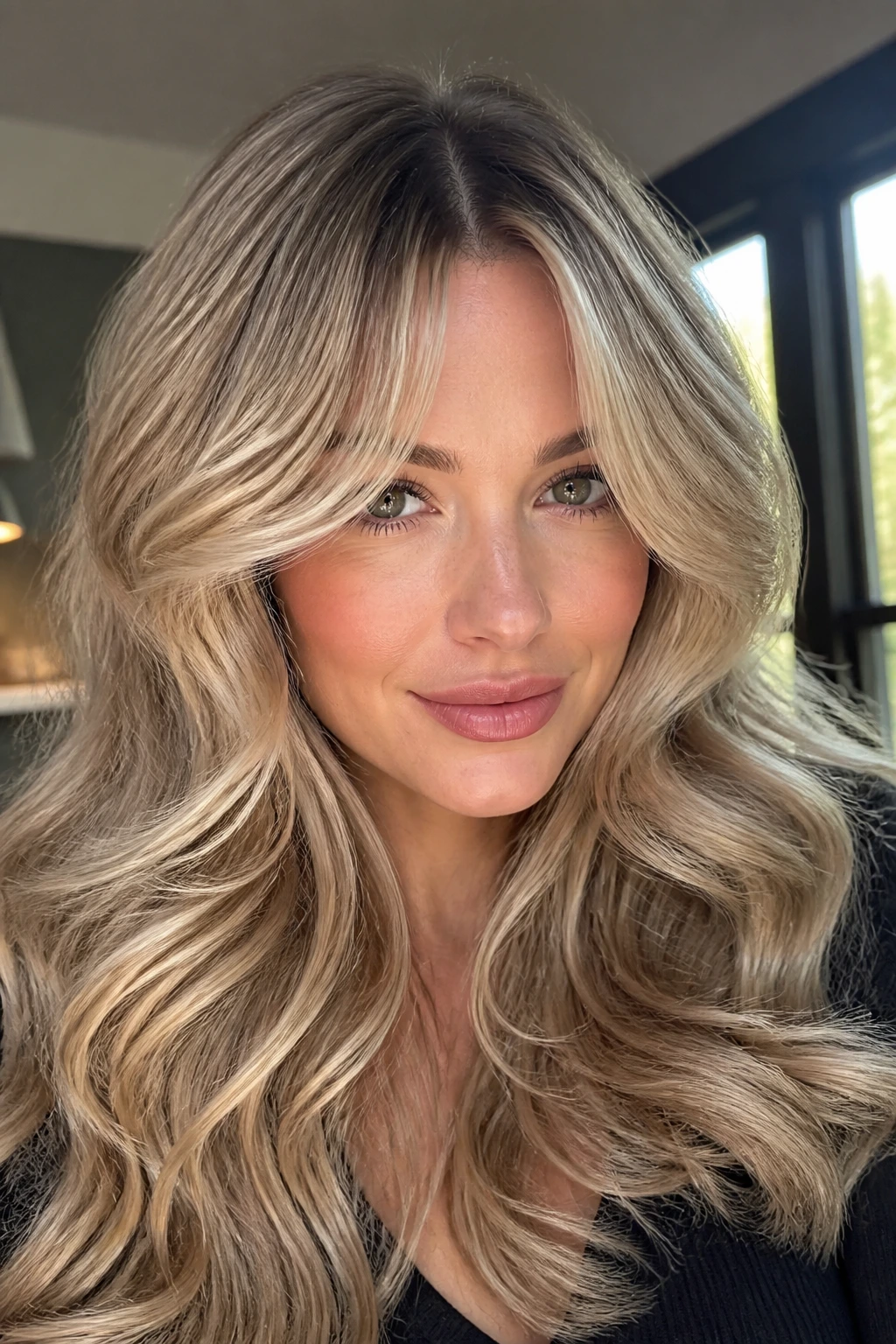 Close-up of curtain bang curls with rooted champagne blonde on a real woman