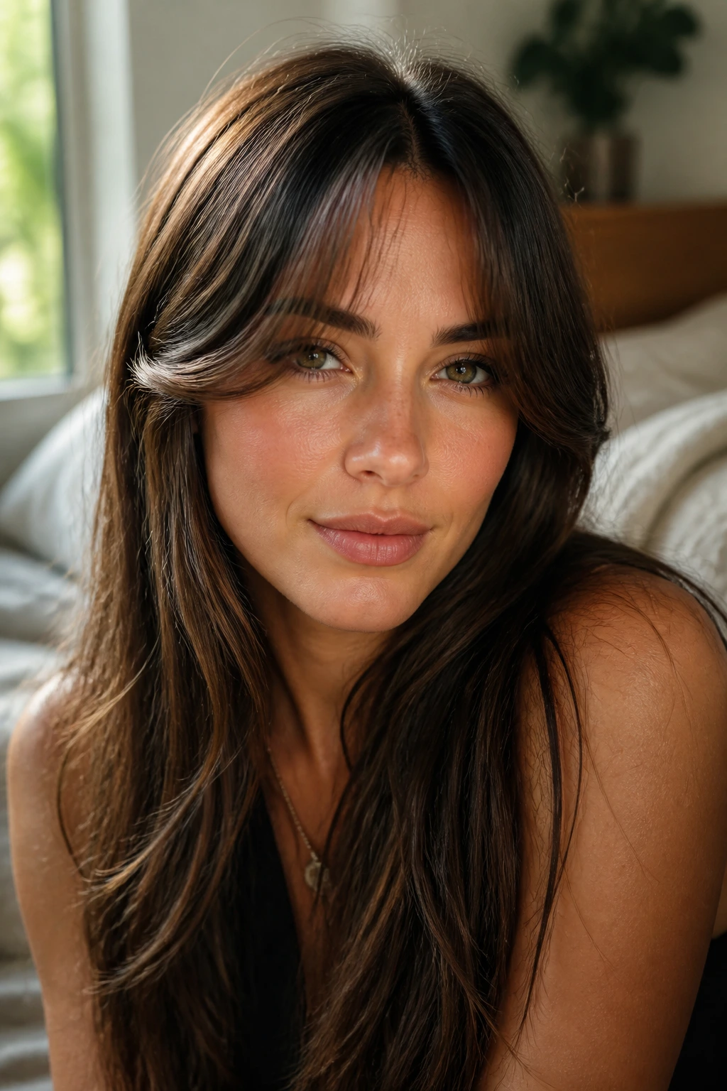 Close-up of woman with soft curtain bangs opening at the cheekbones in a bedroom