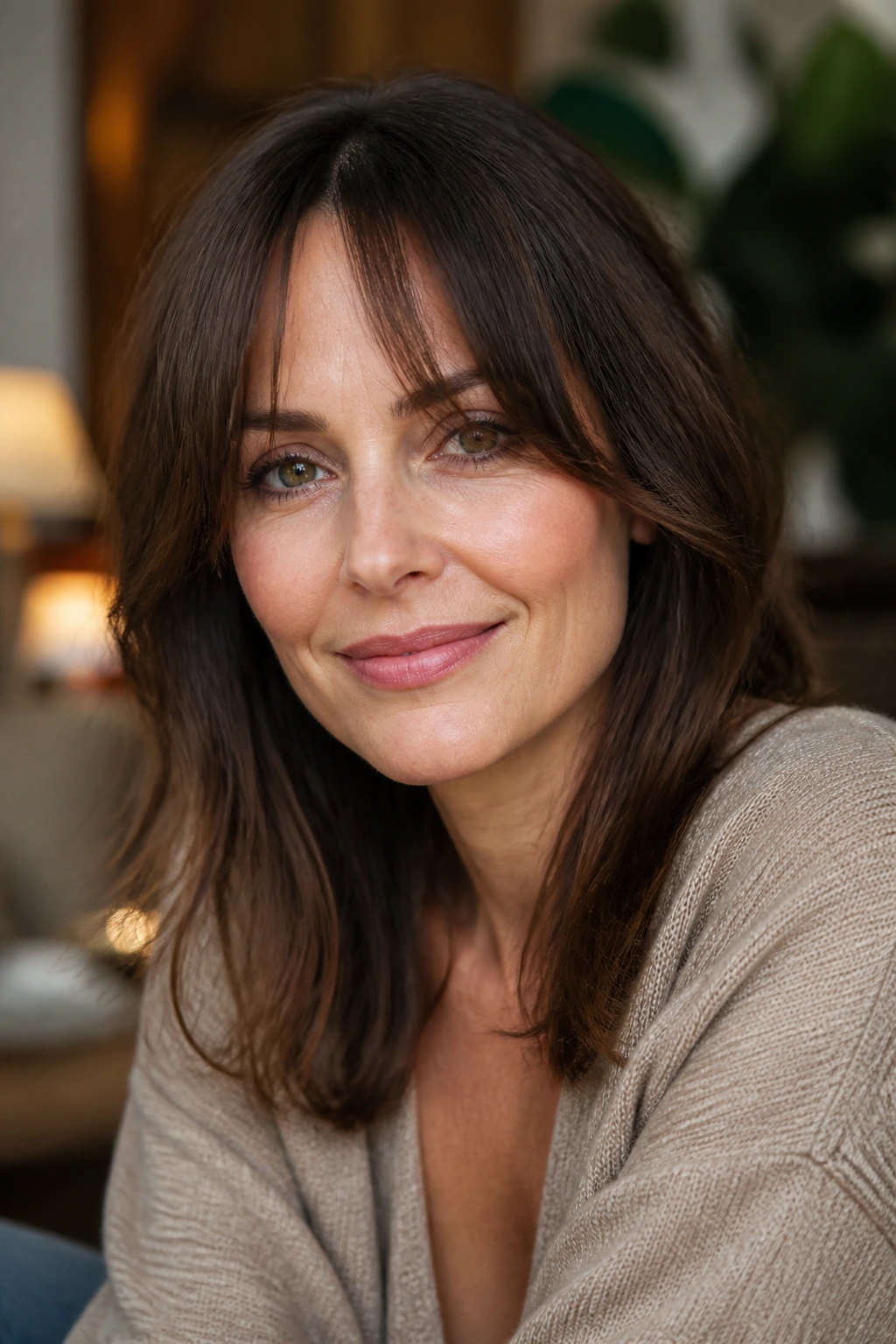Close-up portrait of a real woman with curtain bangs split at the cheekbone