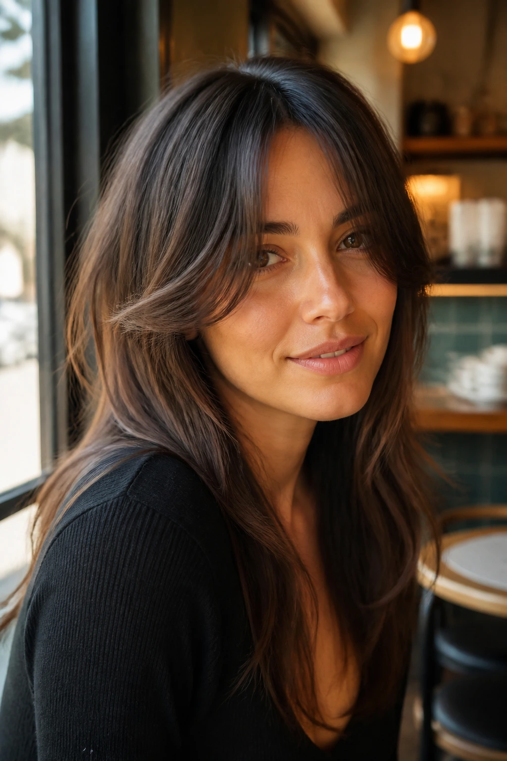 Real woman with curtain bangs starting at cheekbone in cafe light
