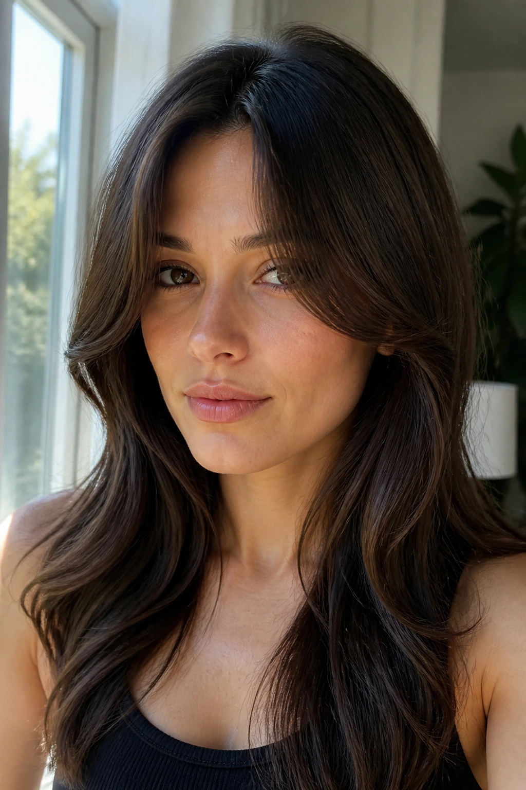 Close-up portrait of a woman with curtain bangs starting at the cheekbone and a center part