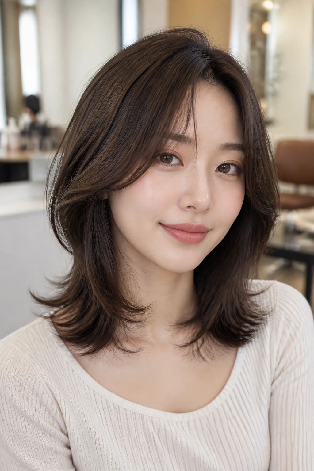 Close-up of a real woman with curtain bangs at the cheekbone and layered lob.