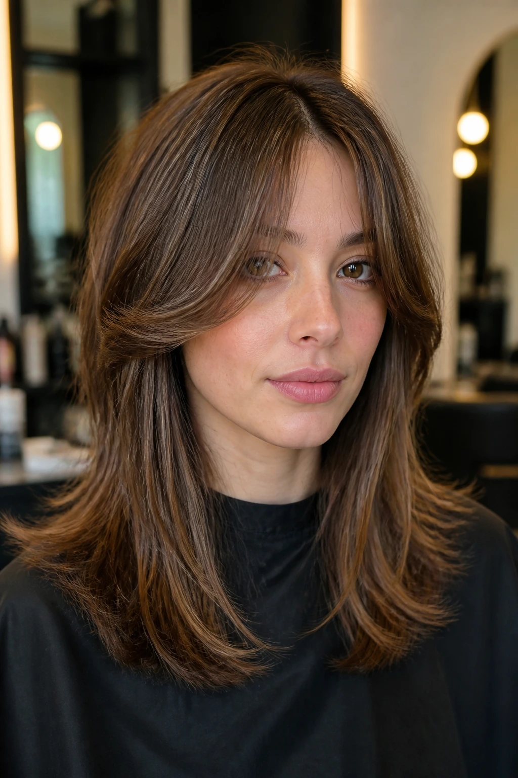Portrait of a real woman with cheekbone-start curtain bangs and layered ends.