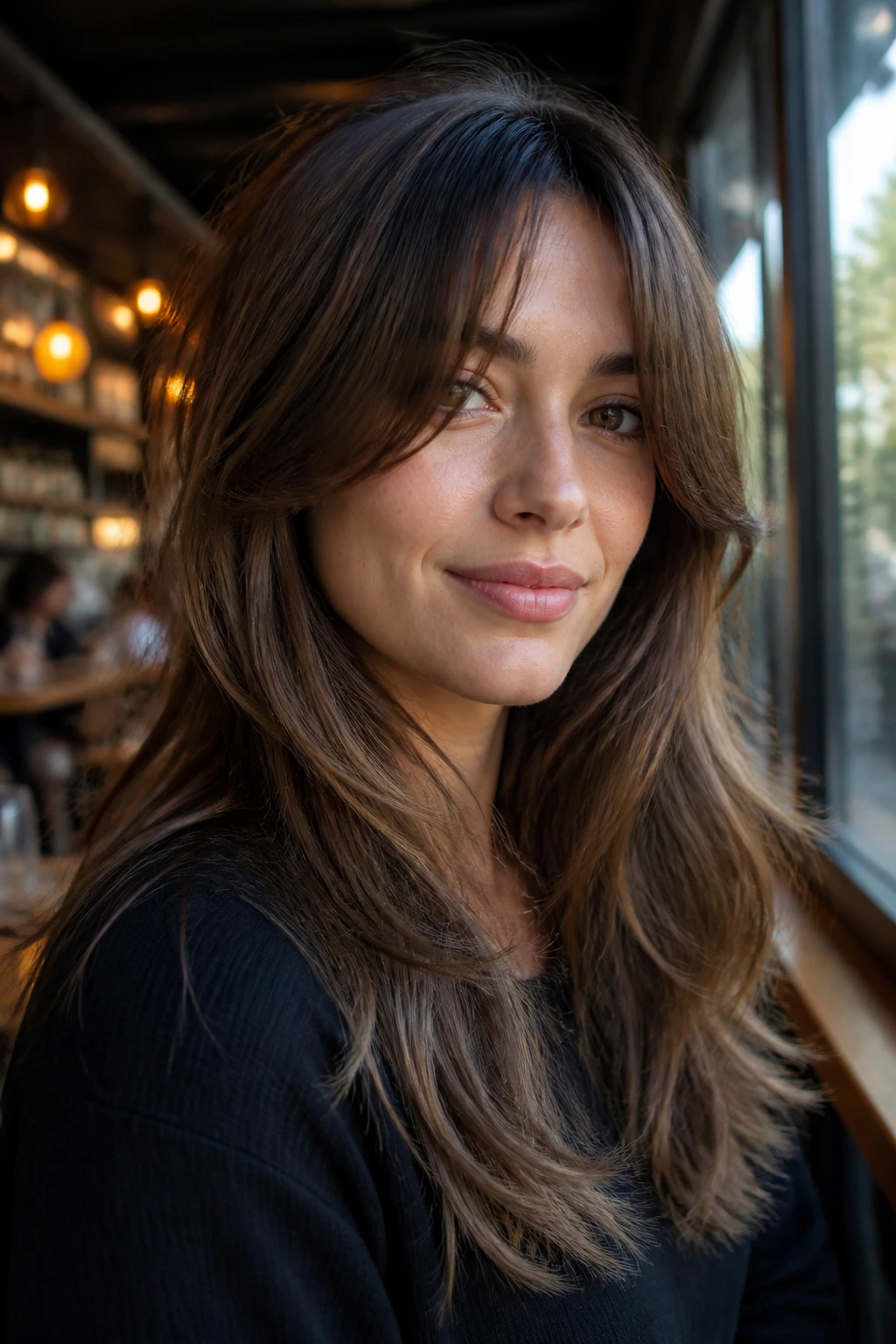 Close-up of a real woman with curtain bangs and cheekbone layers for fuller look