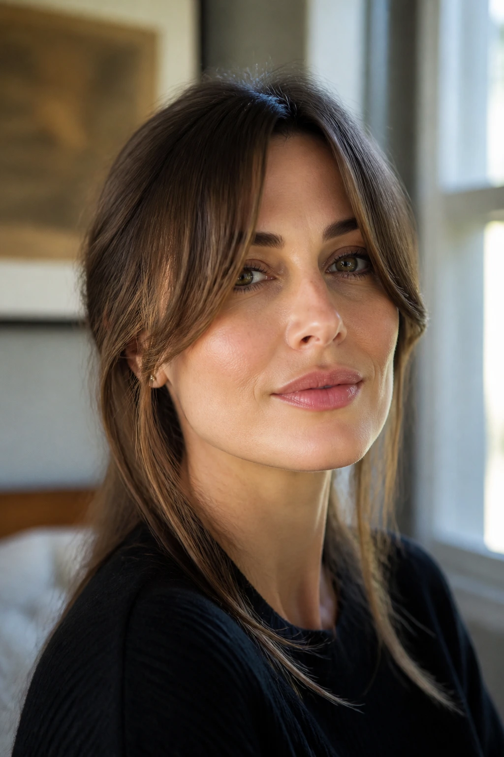 Close-up portrait of a real woman with cheekbone-length curtain bangs under natural window light