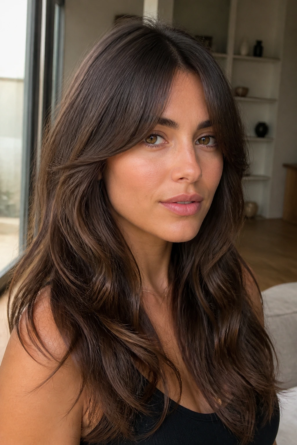 Close-up portrait of a real woman with curtain bangs sweeping toward the cheekbones