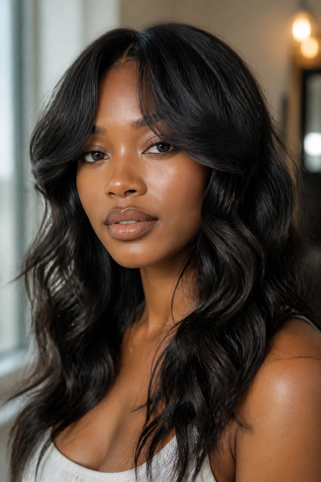 Close-up of a Black woman with curtain bangs framing cheekbones
