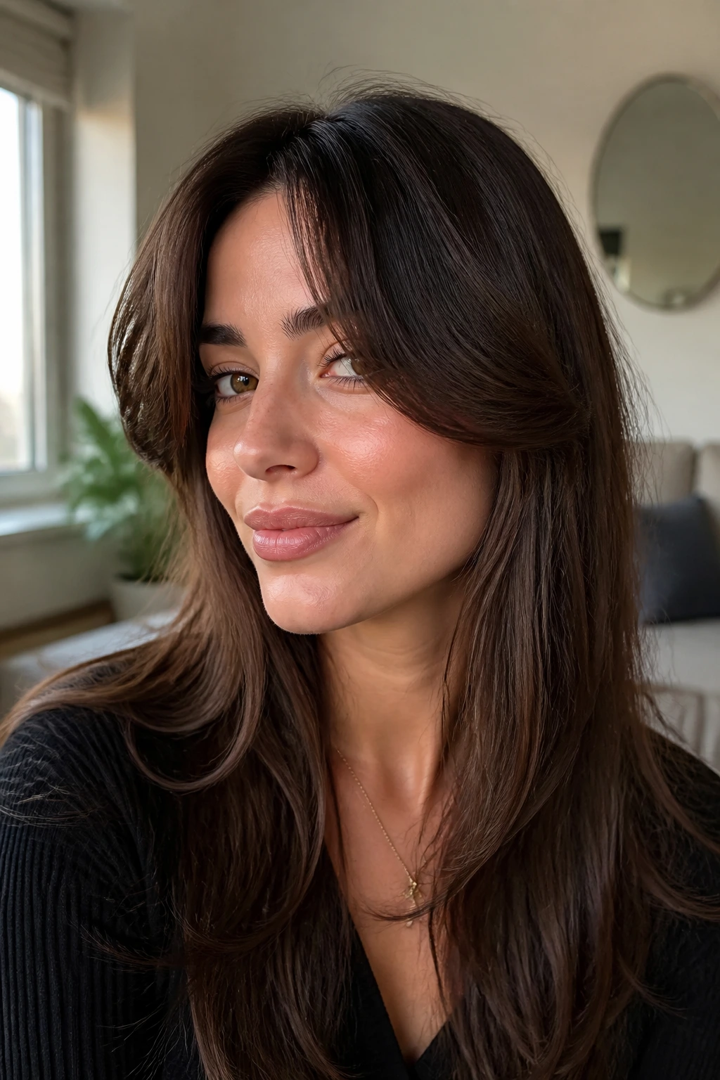 Close-up of a real woman with curtain bangs split at cheekbones