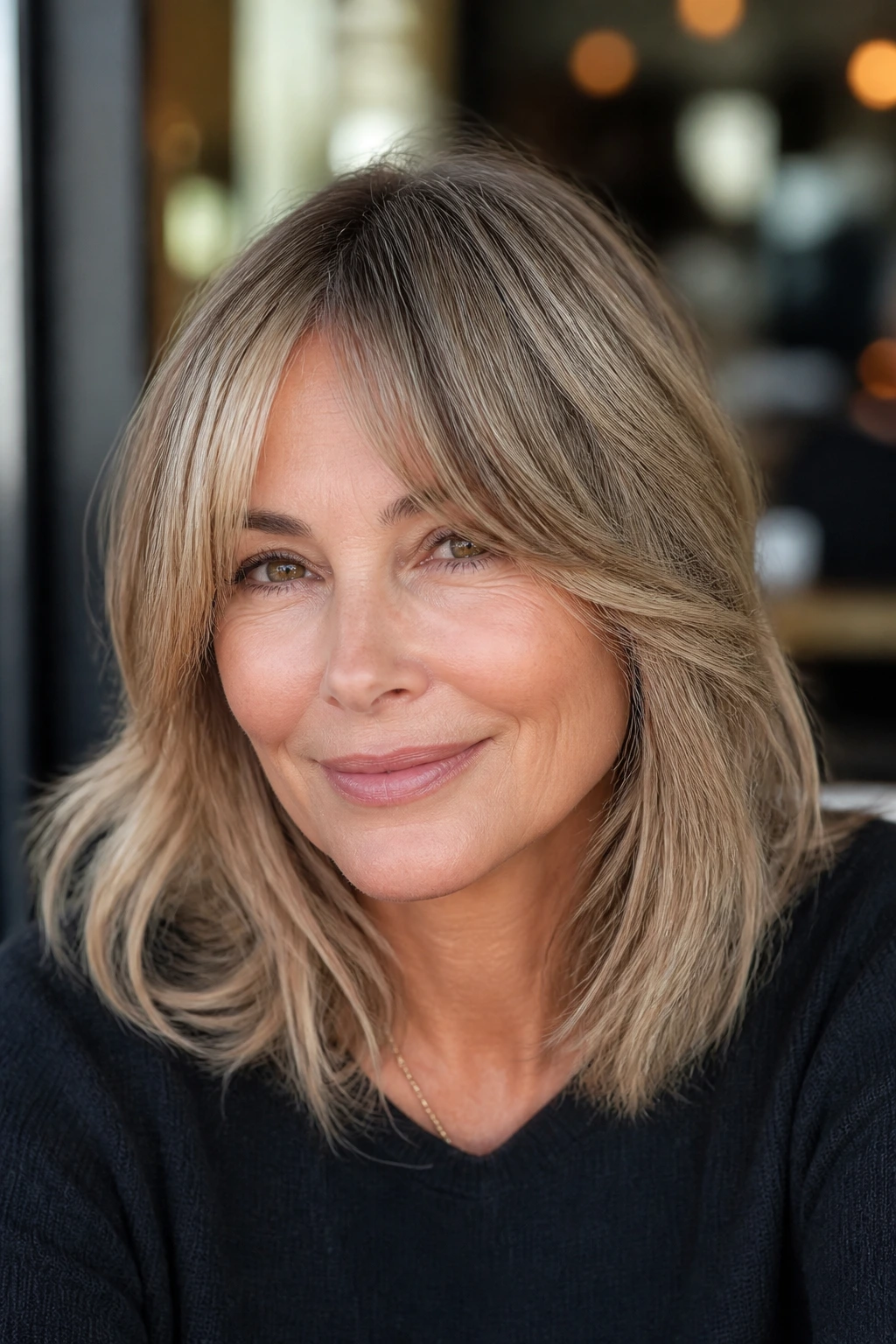 Close-up of a real woman with curtain bangs open the cheekbones in warm cafe light