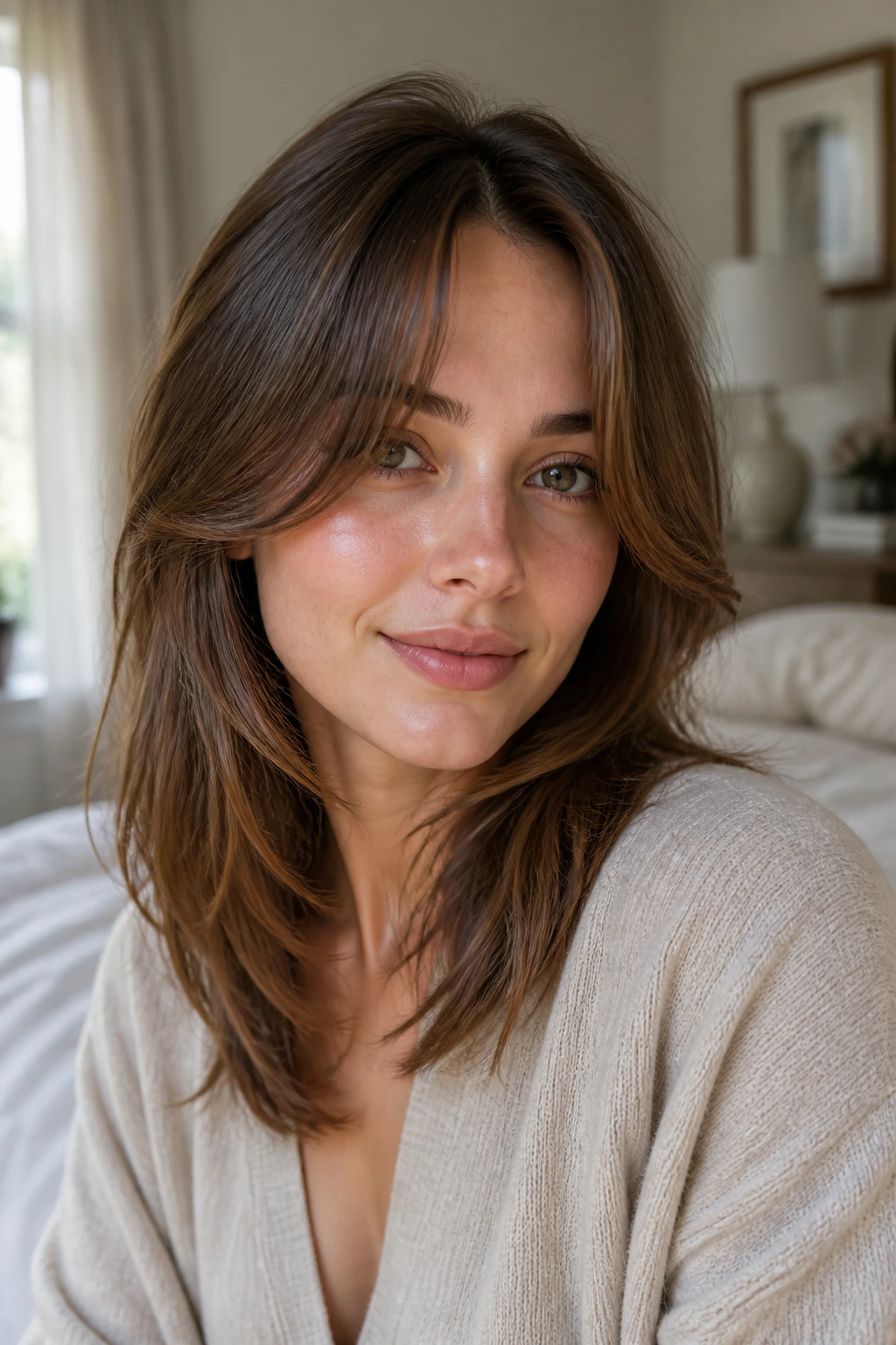 Portrait of a real woman with curtain bangs sweeping past the cheekbones