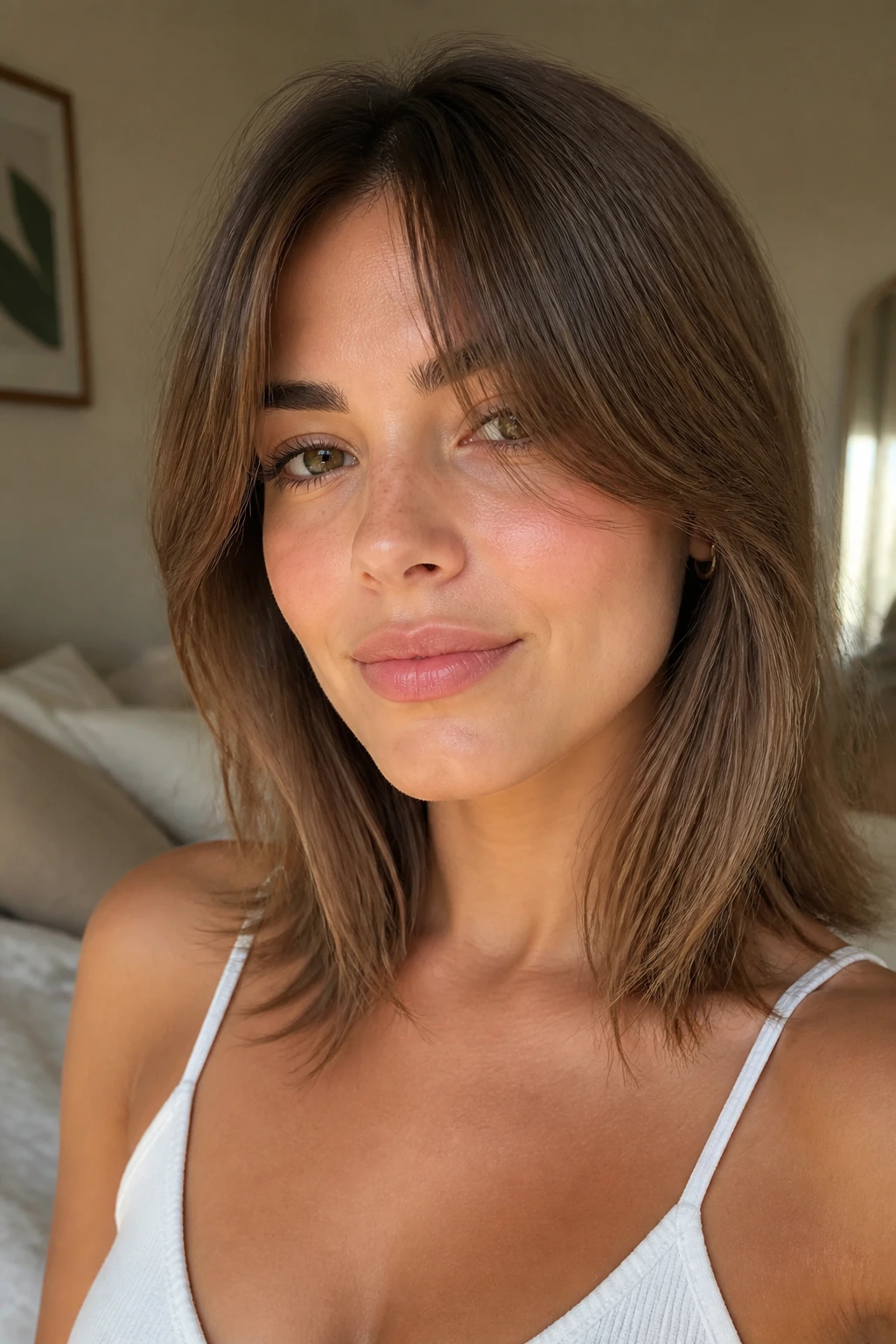 Portrait of a woman with curtain bangs skimming her cheekbones.