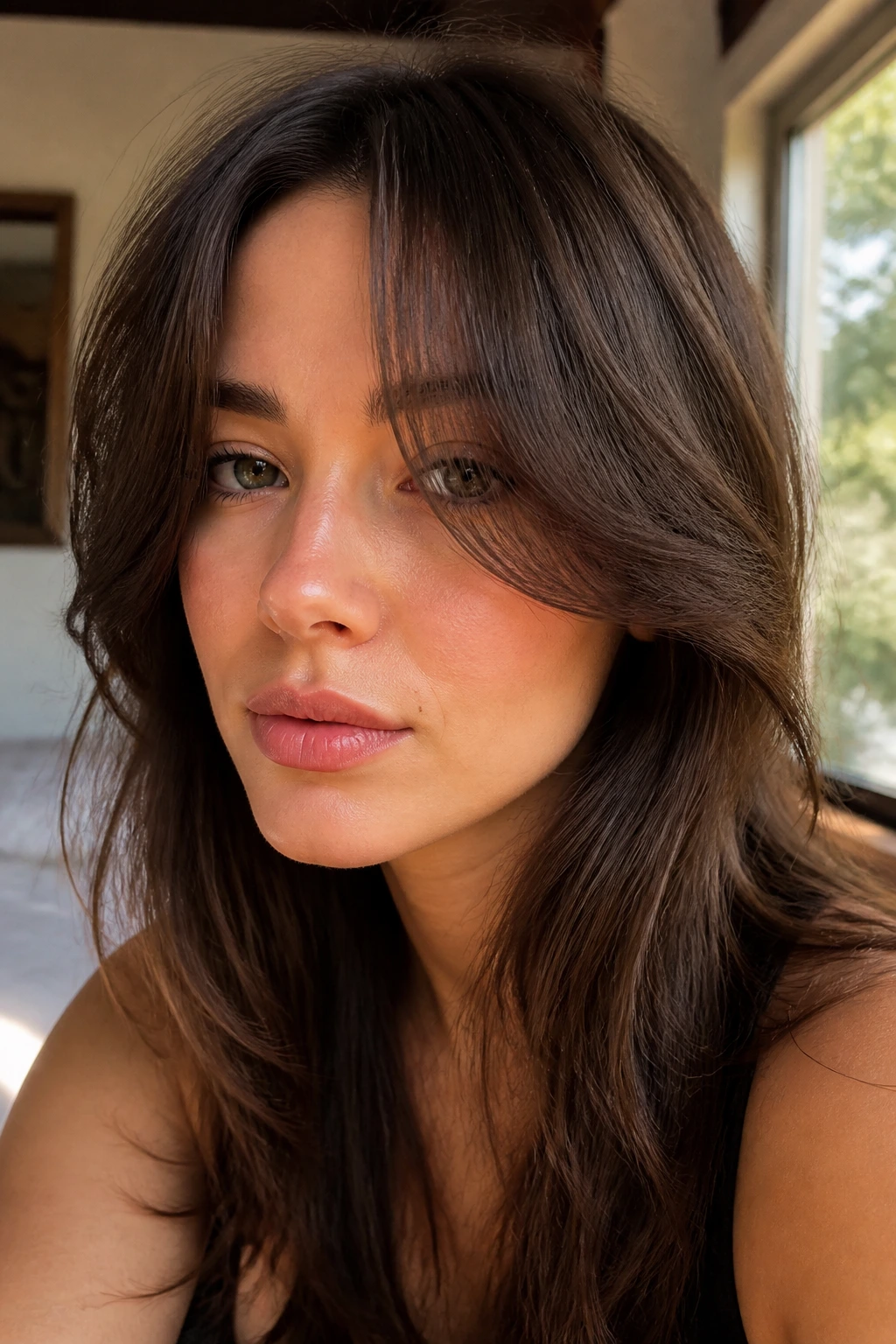 Close-up of curtain bangs opening at the cheekbones on a real woman.