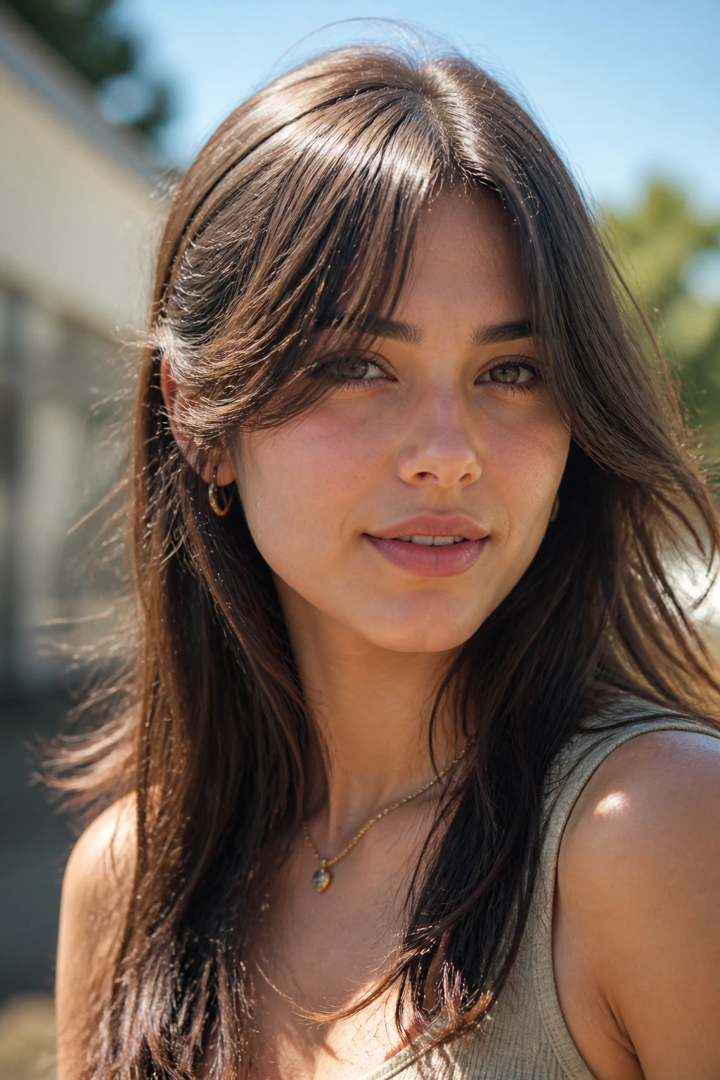 Real woman wearing curtain bangs that skim the cheekbones in natural light