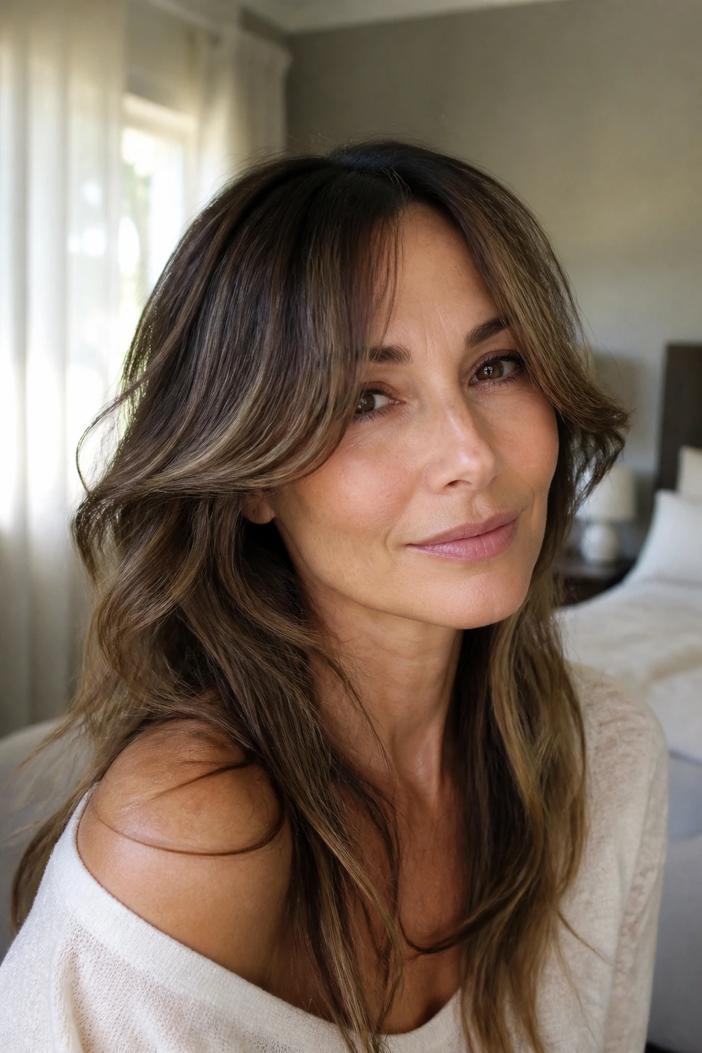 Close-up of a real woman with curtain bangs splitting toward the cheekbones