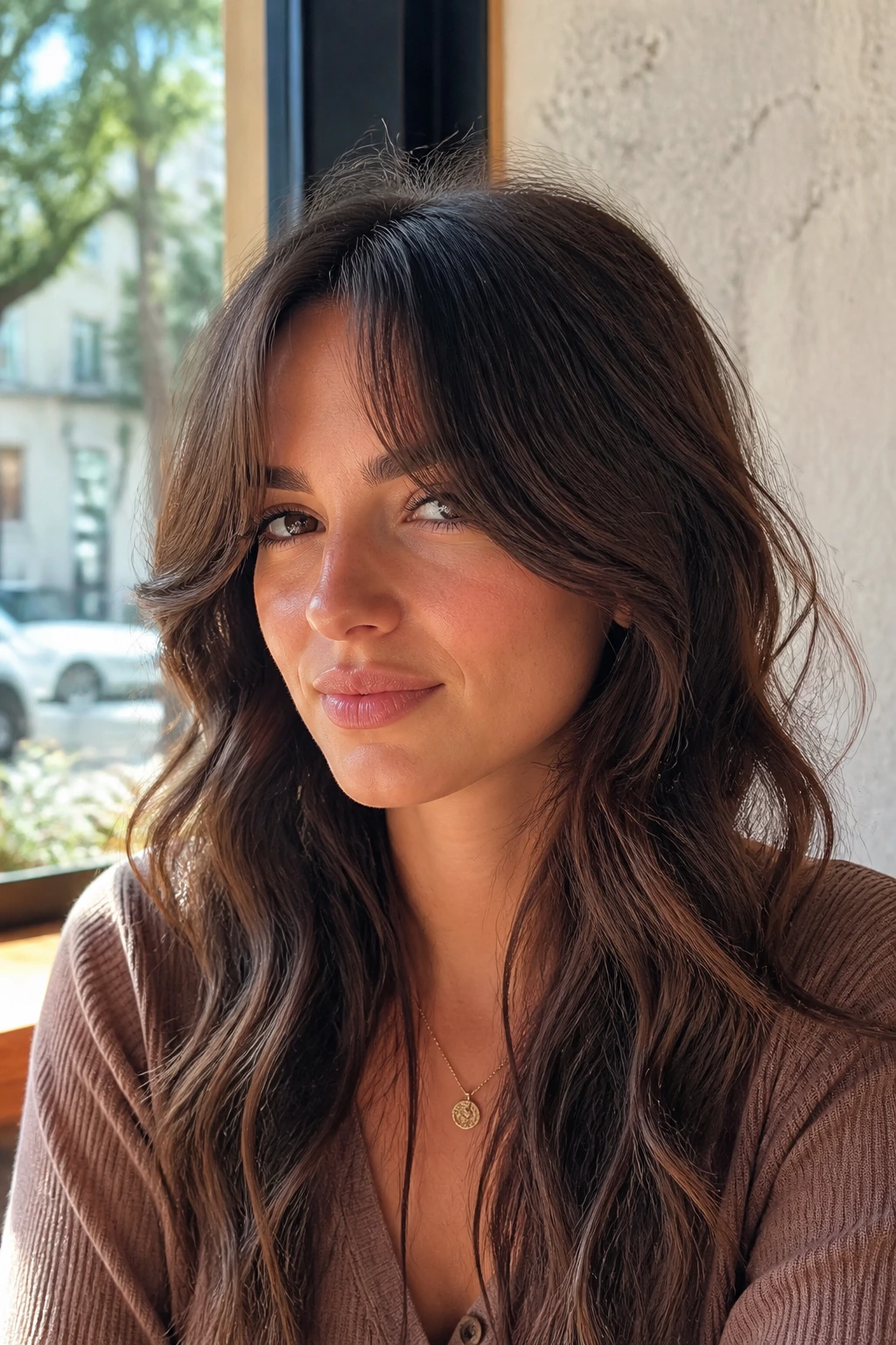 Portrait of a woman with curtain bangs split at the cheekbones, waves framing the face