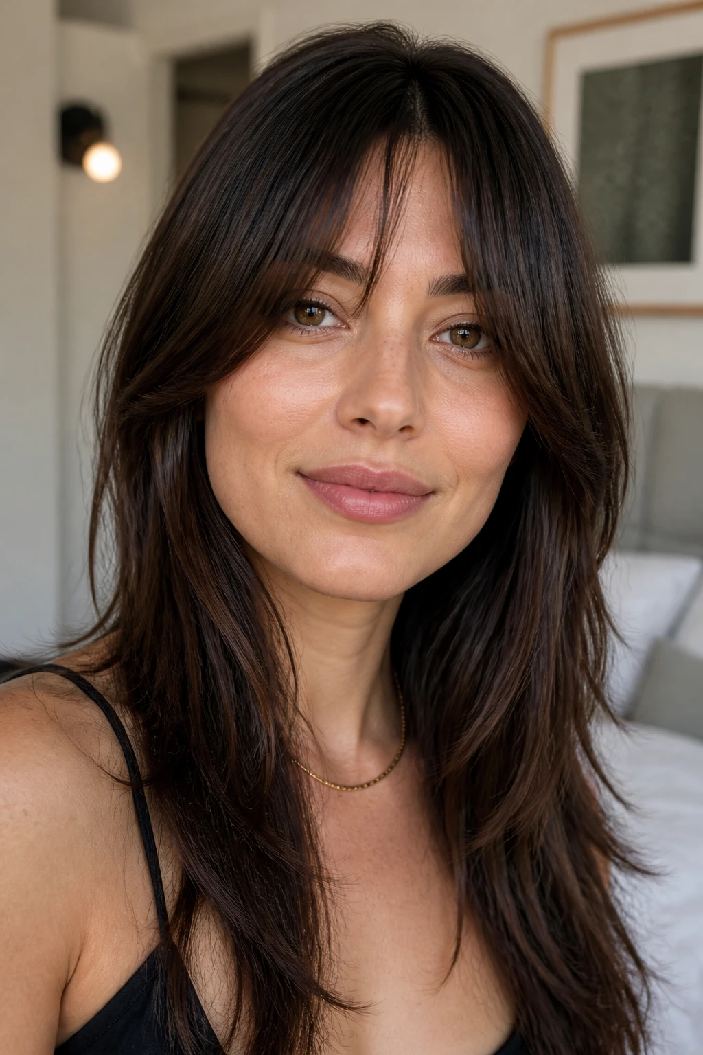 Close-up of curtain bangs opening at the cheekbones on a real person.