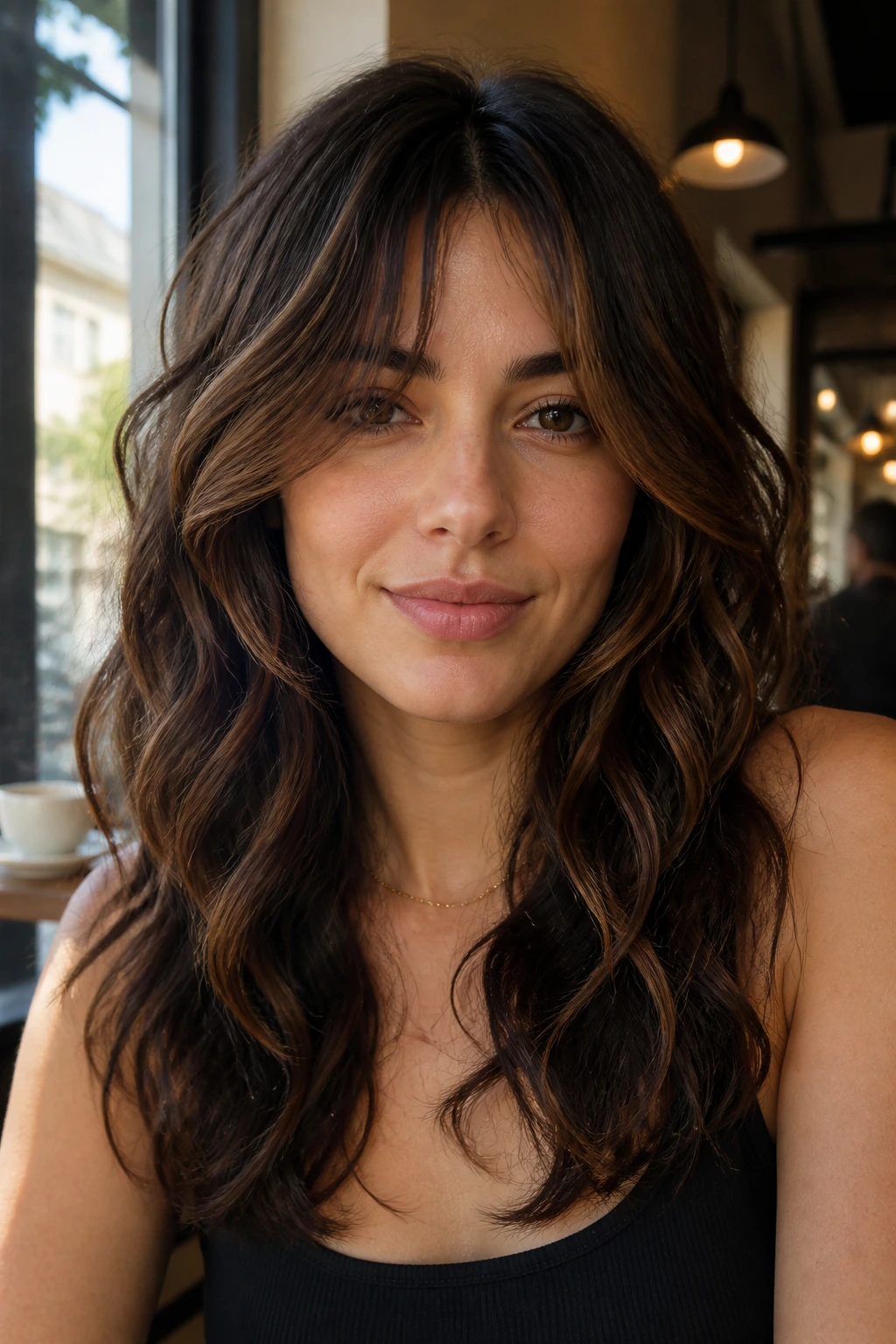 Portrait showing curtain bangs with chestnut face-framing pieces