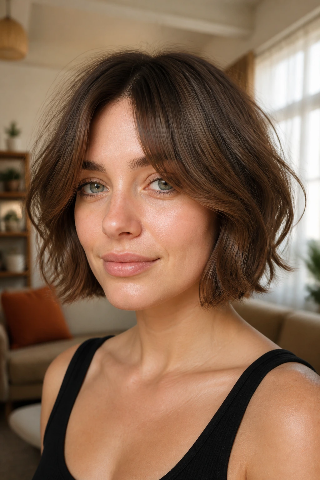 Portrait of a real woman wearing curtain bangs with chin-length bob