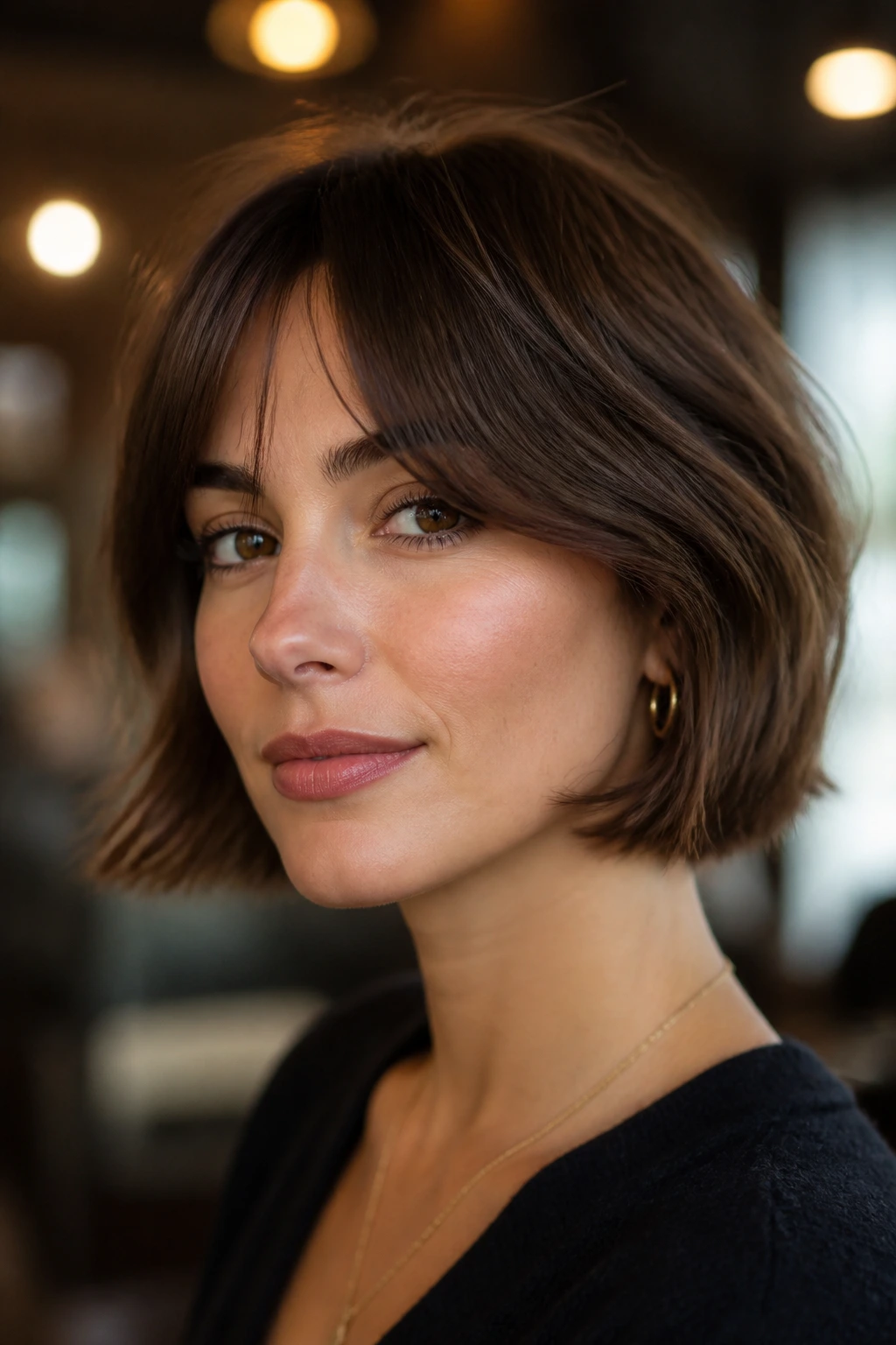 Portrait of a real woman with curtain bangs and chin-length bob.