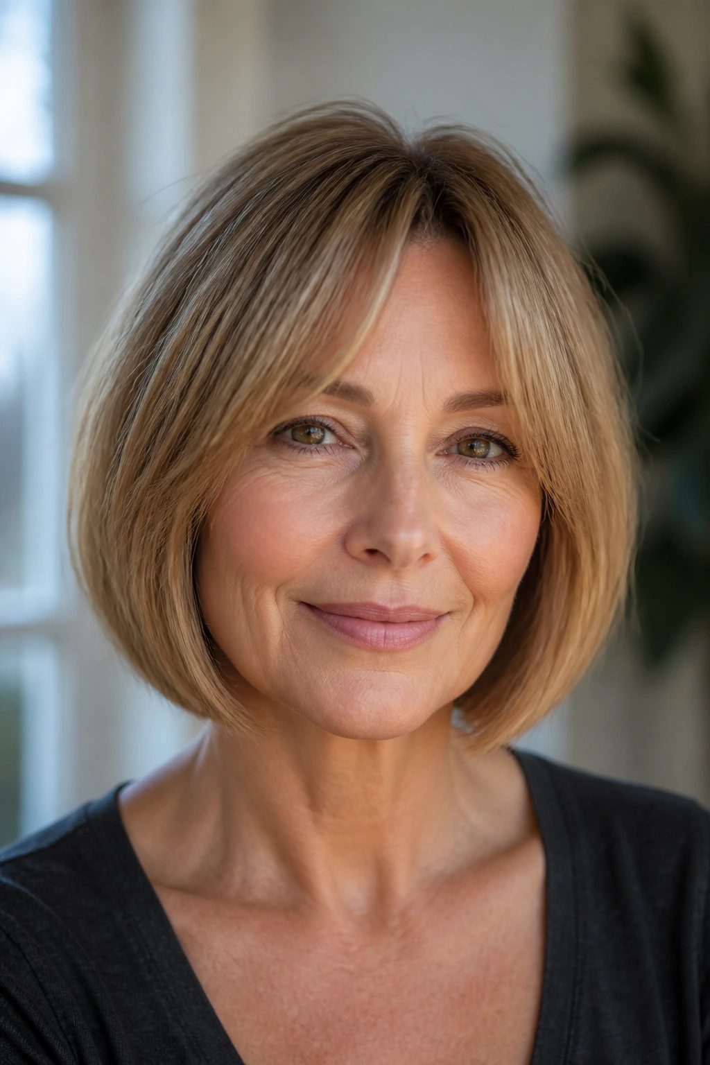 Real woman with curtain bangs and chin-length bob
