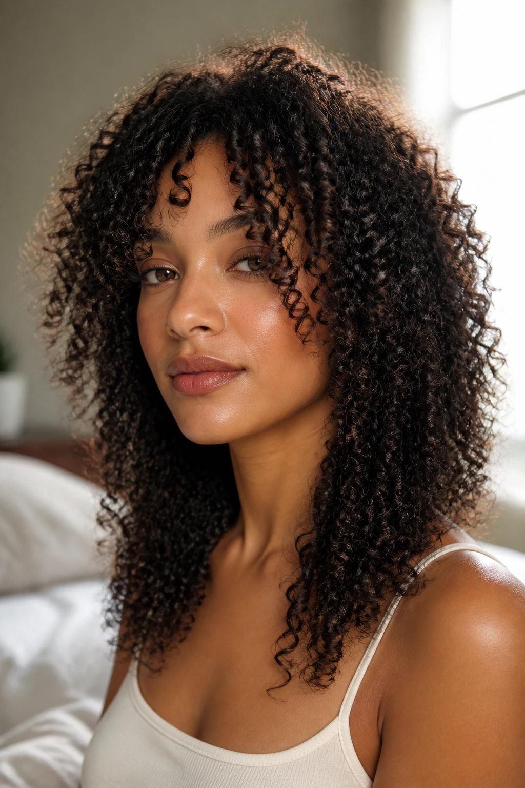 Close-up portrait showing curtain bangs and chin-length curls on a real person
