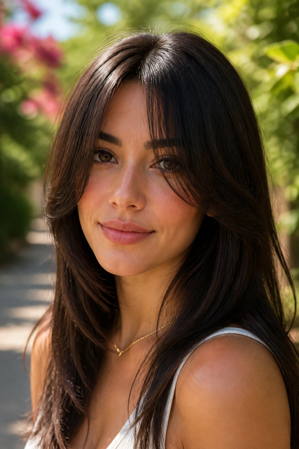 Close-up portrait of a real woman with chin-skimming curtain bangs.
