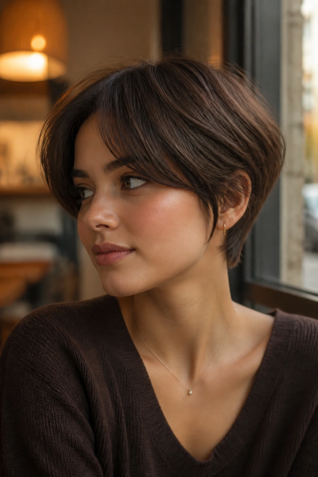 Close-up portrait of a real person with cocoa curtain-bang crop hairstyle and soft bangs