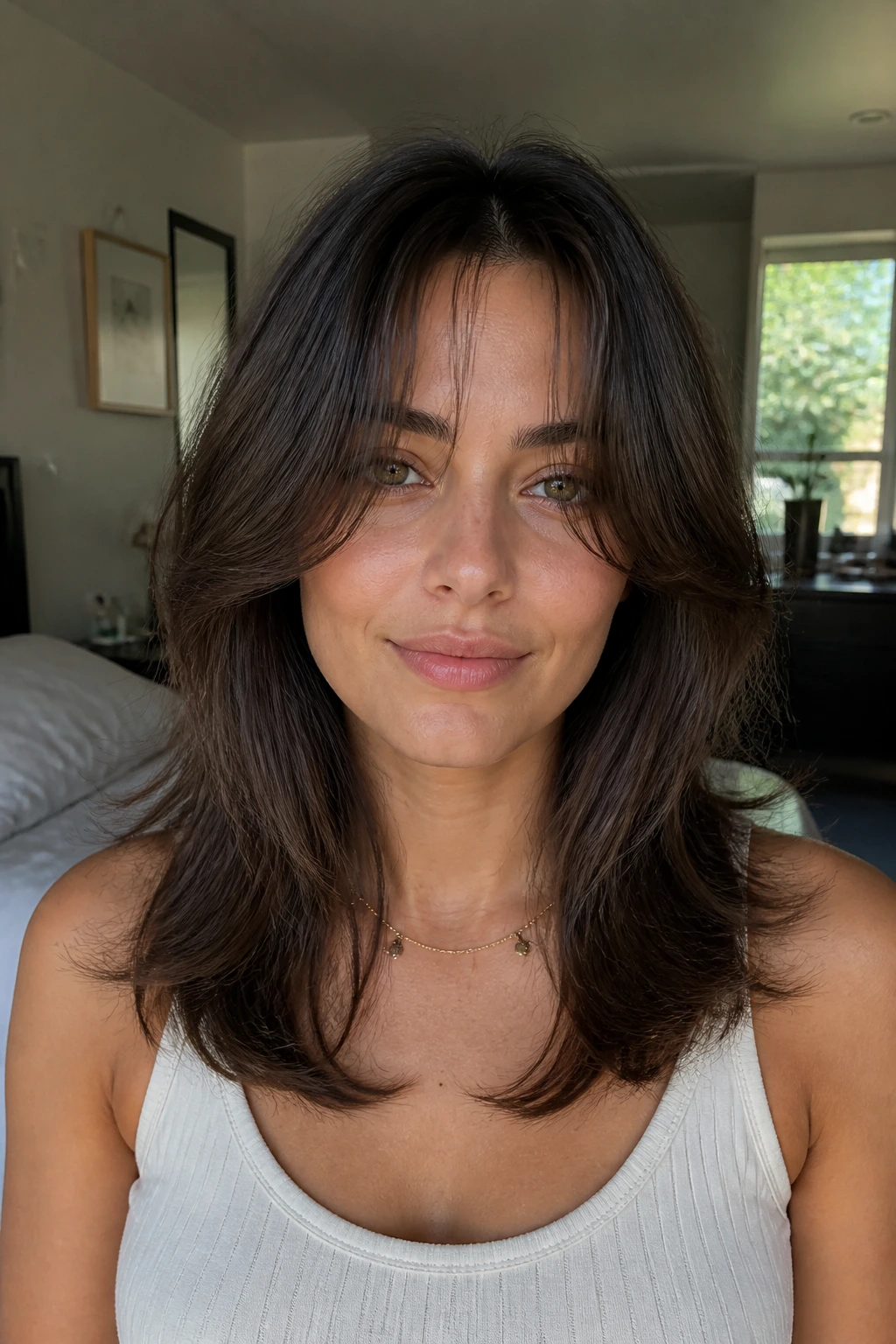 Front portrait of a real woman with curtain bangs starting at the collarbone