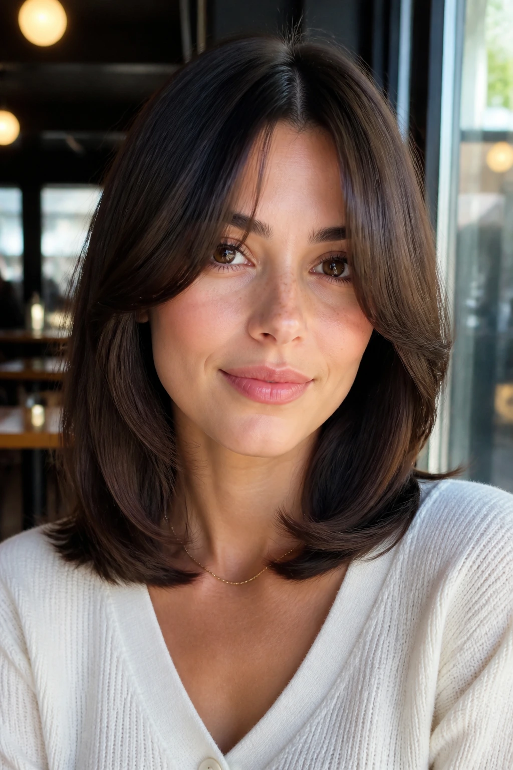 Close-up of a real woman with collarbone-length curtain bangs curling under at the ends.