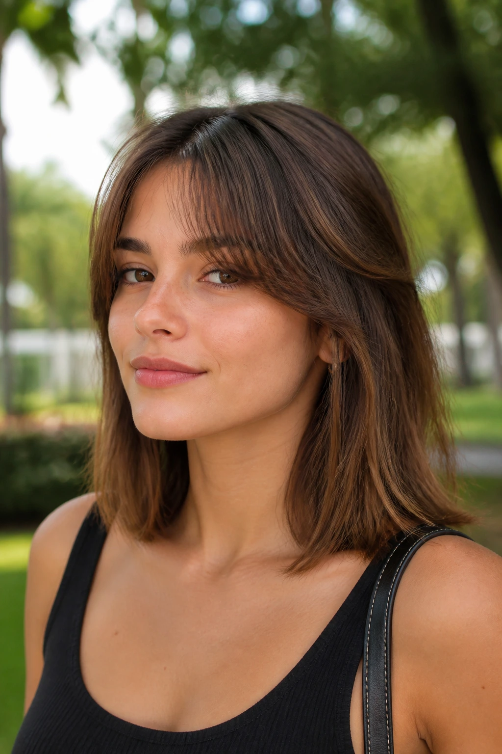 Portrait of a real person with curtain bangs and collarbone-length cut