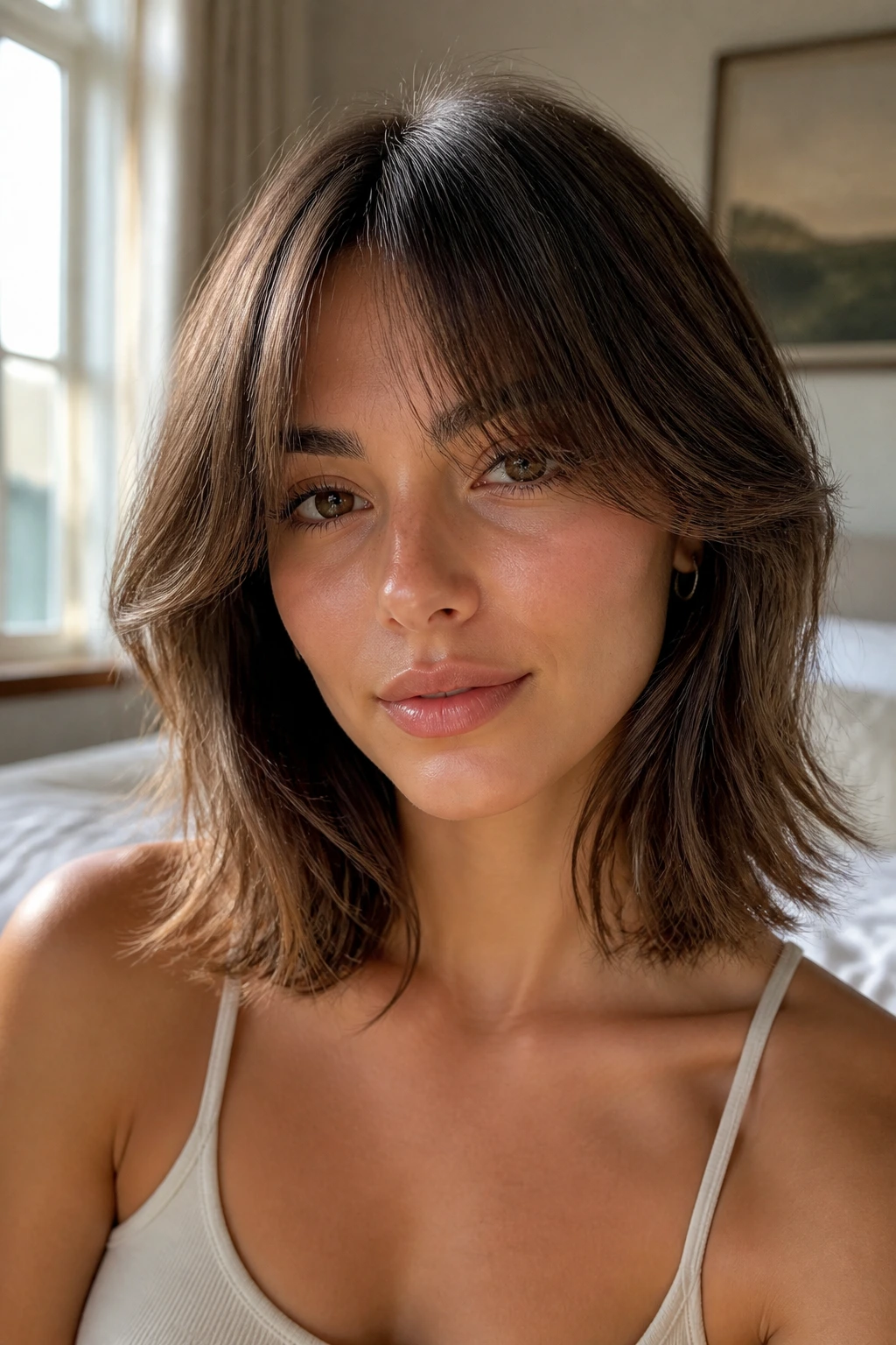 Portrait of a woman with curtain bangs and collarbone flicks