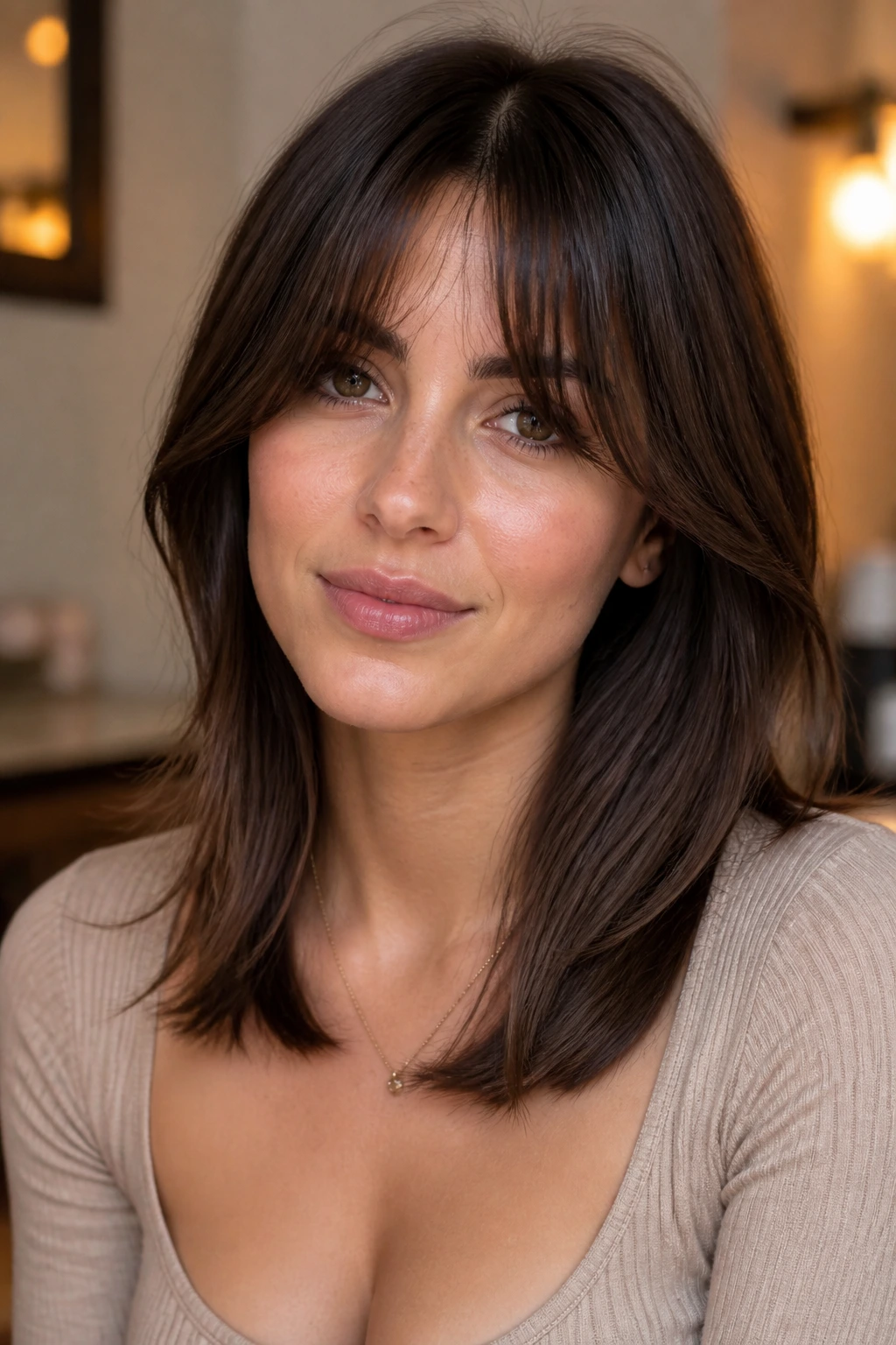 Close-up of curtain bangs with collarbone-skimming layers on a real person in soft indoor lighting