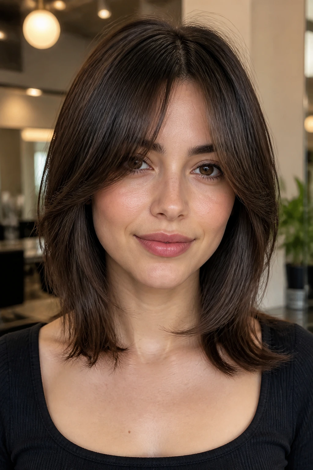 Portrait of person with curtain bangs and collarbone-length layers