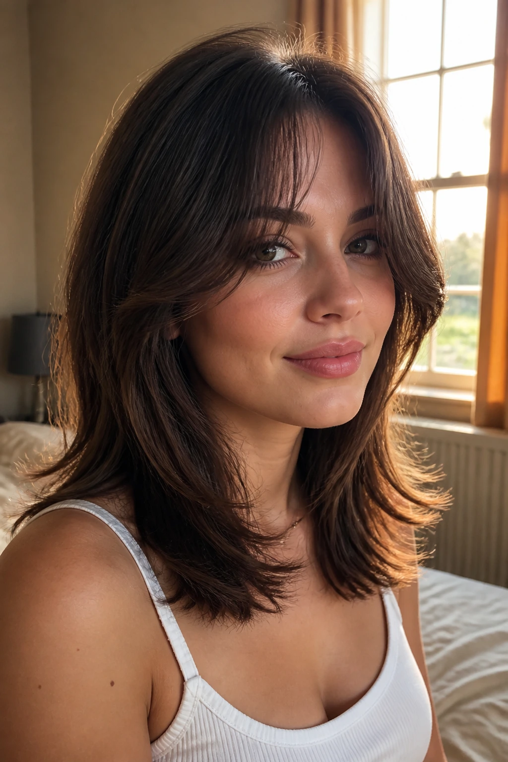 Close-up portrait of a real person with curtain bangs and collarbone-length layers under warm window light