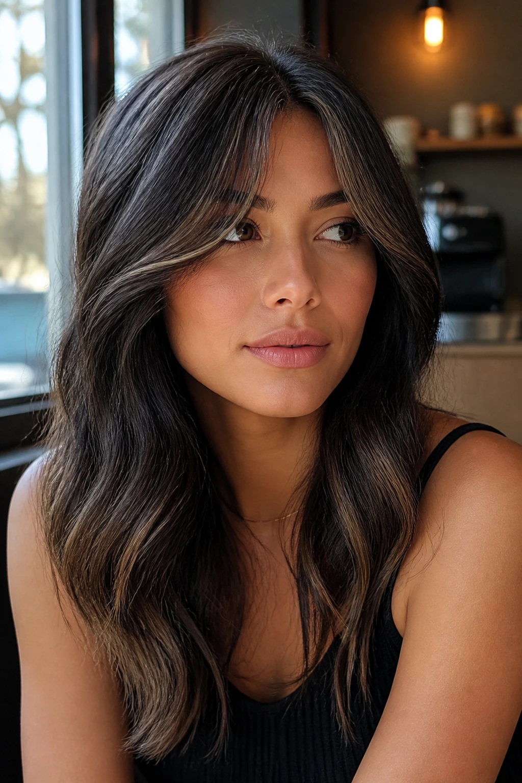 Close-up of curtain bangs with darker framing around the face