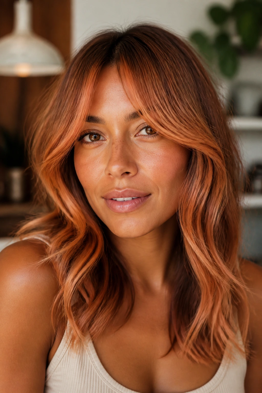 Real person with copper curtain bangs framing the face on tan skin.