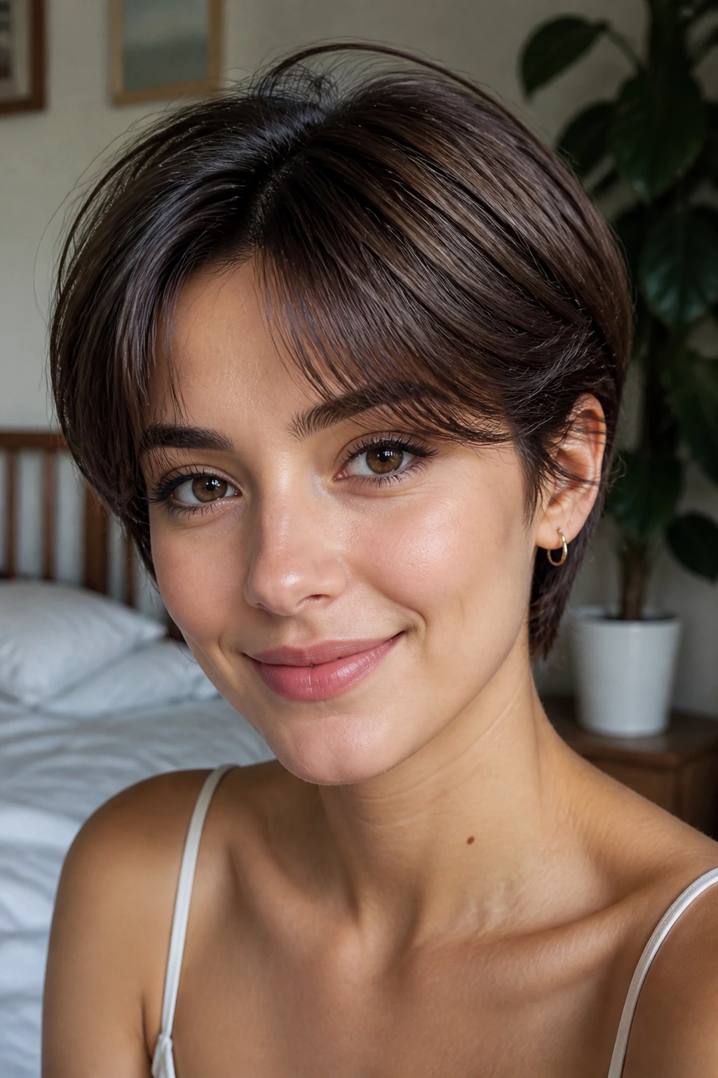 Girl with curtain bangs crop in a cozy bedroom light.