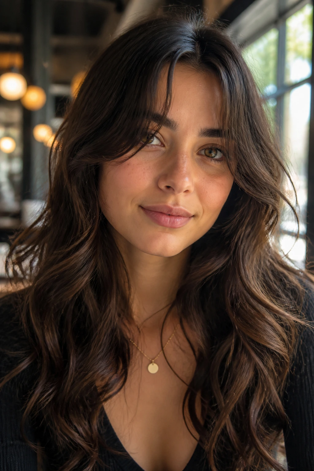 Close-up of a real woman with curtain bangs and long curls