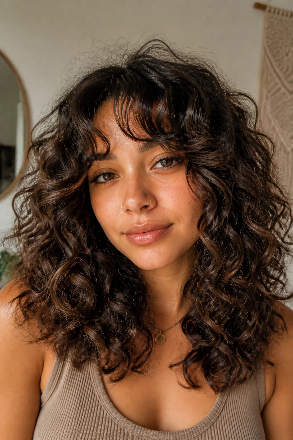 Close-up of a person with curtain bangs enhancing curl shapes in warm light