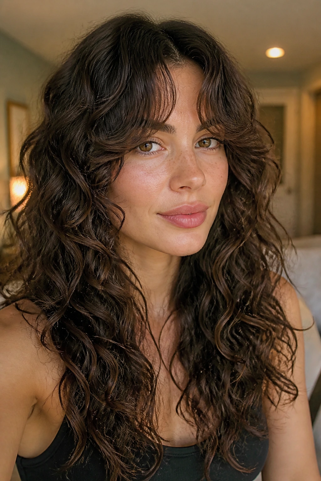 Woman with curtain bangs and long curls framing the face.