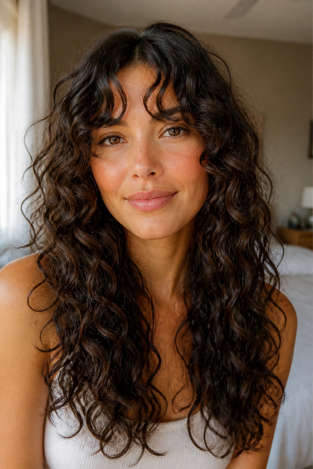 Close-up of curtain bangs blending with curls on a real person
