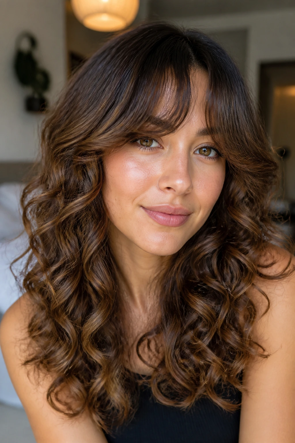 Close-up of curtain bangs wand curls on a real person