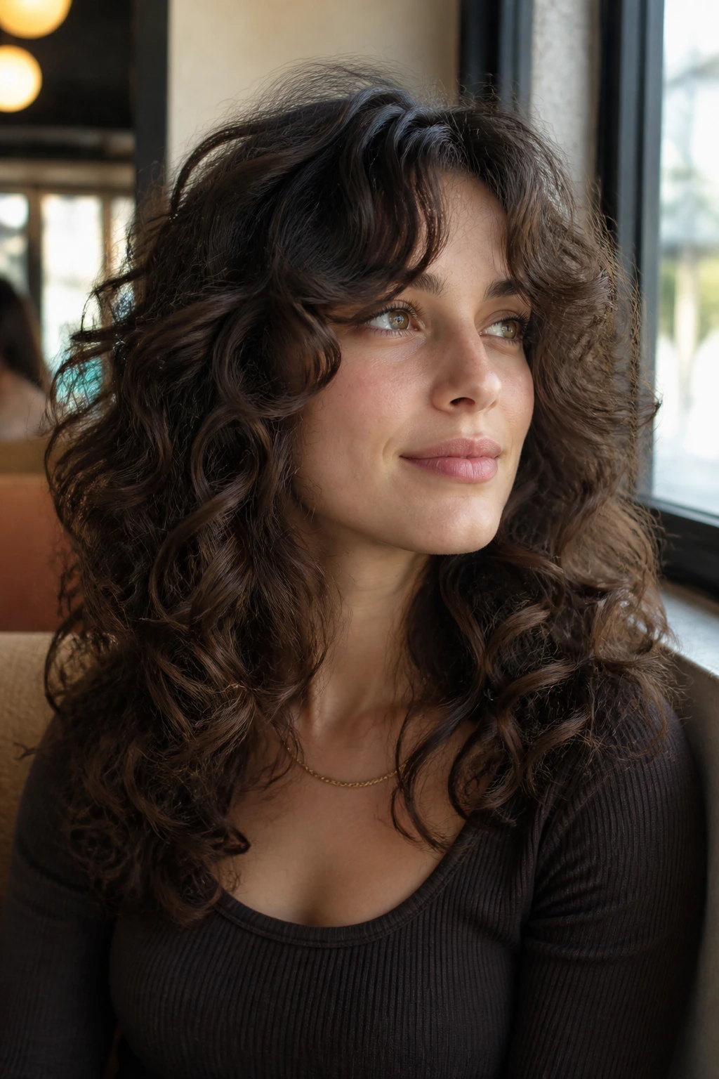 Real woman with face-framing curls and curtain bangs seated in a cafe window light.