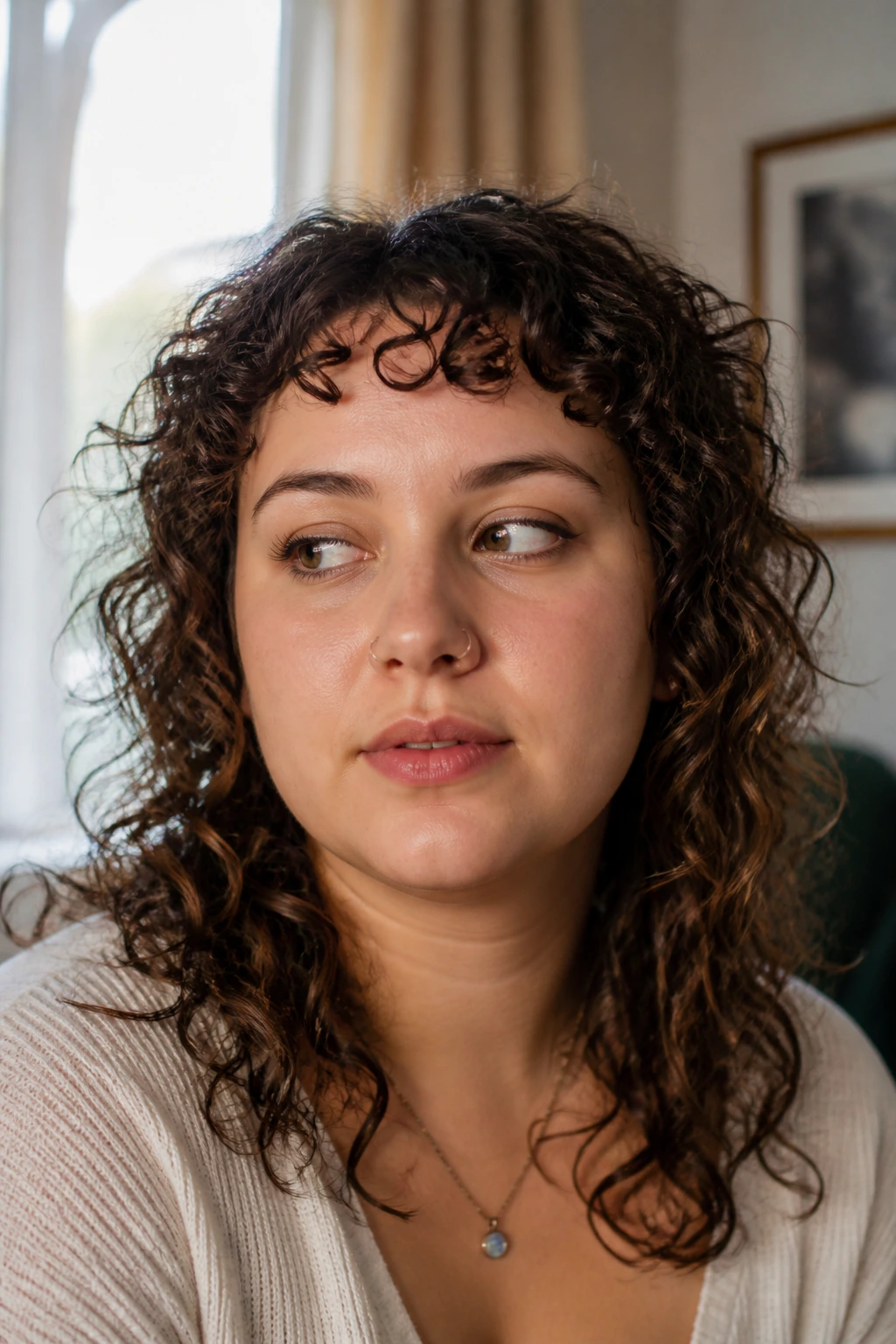 Close-up of curly curtain bangs sitting high on the forehead due to shrinkage