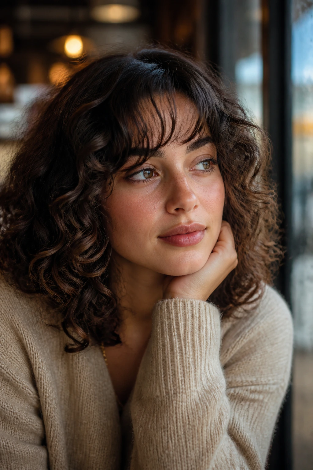 Close-up portrait of a real woman with curtain bangs on curly hair in a cozy setting