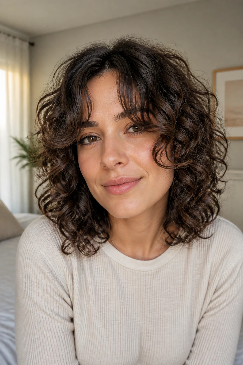 Portrait of a real person with curtain bangs and shoulder-length curly hair