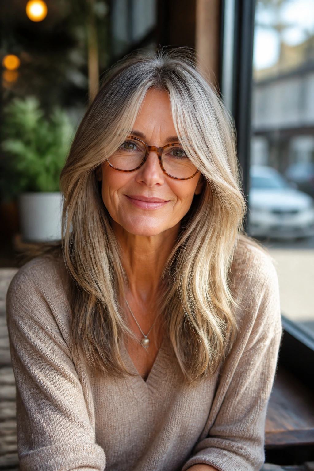 Portrait of a woman with curtain bangs styled for everyday wear in natural light.
