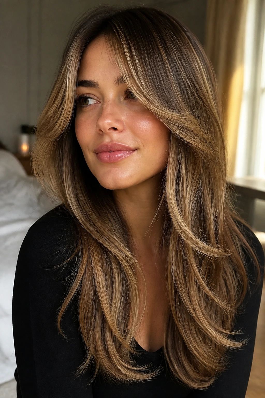 Close-up portrait of a real woman with curtain bangs and dimensional layers on brunette hair with blonde face-framing pieces, warm natural light