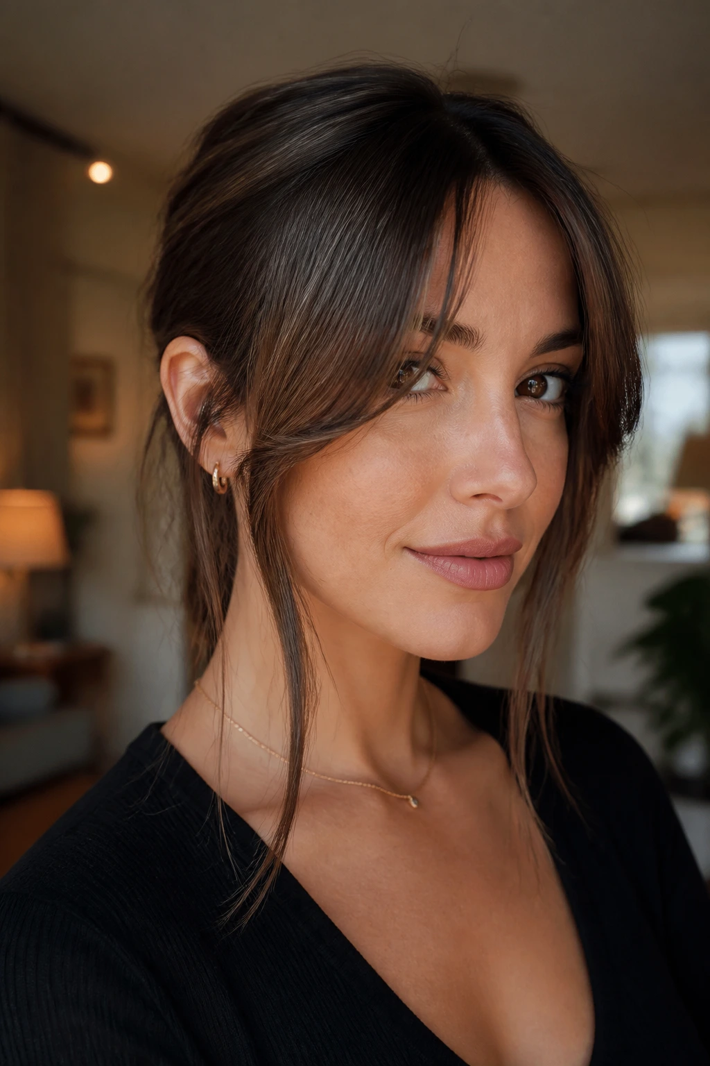 Real woman with curtain bangs and extra-long corners on an oval face