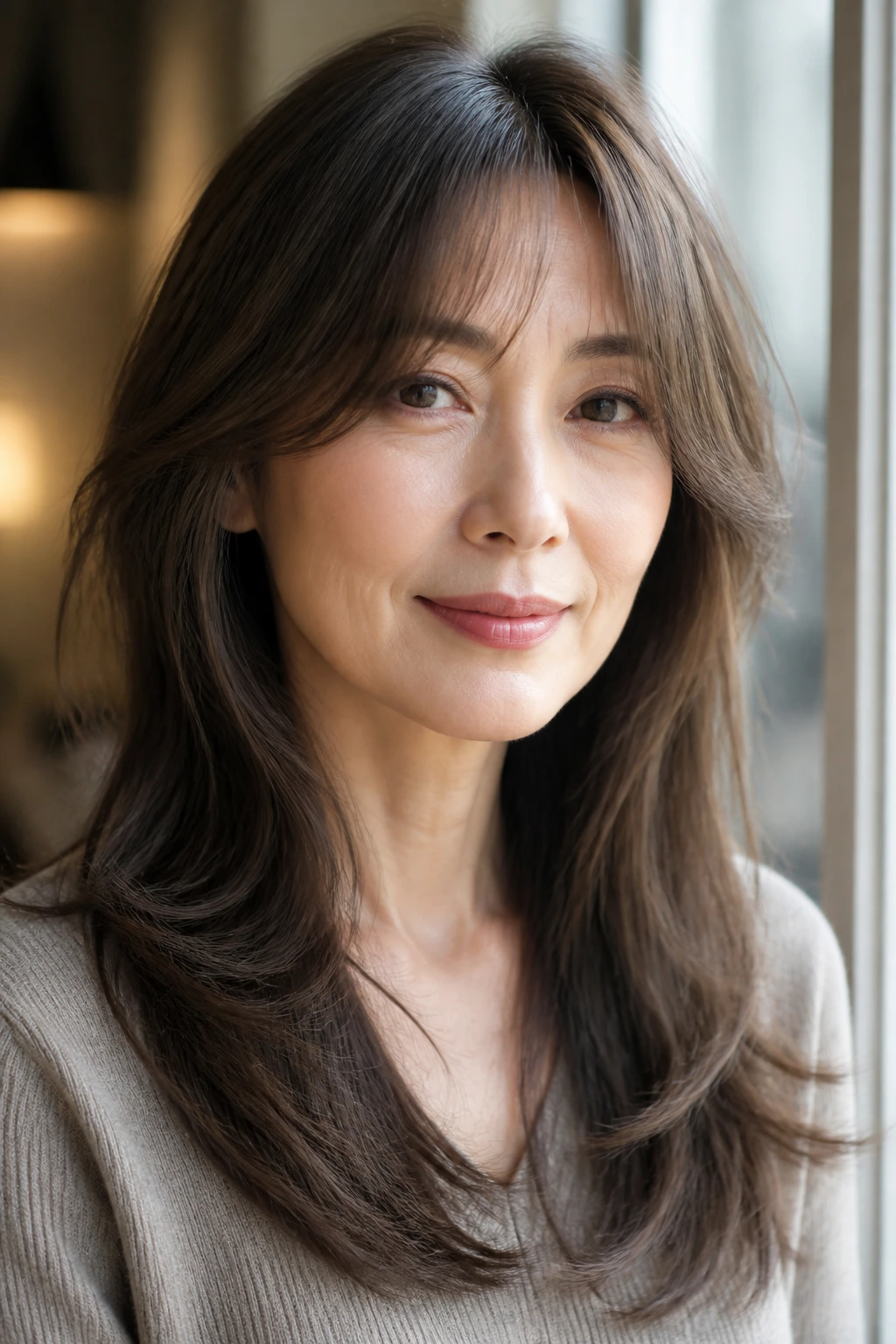 Close-up of a real woman with curtain bangs and long face frames